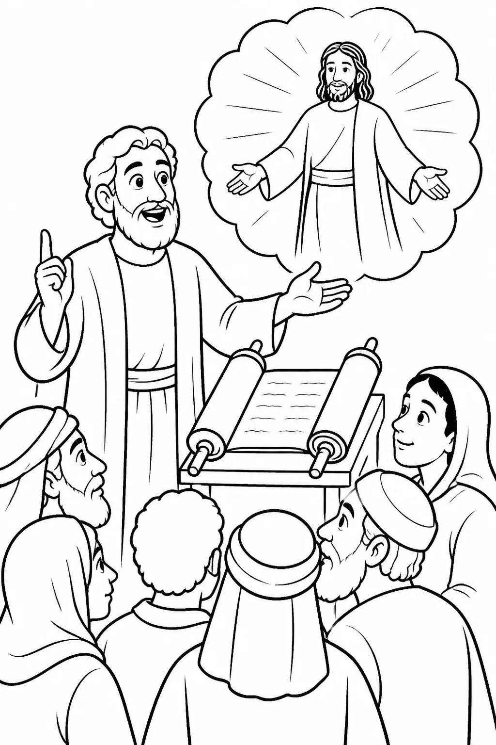 Peter teaches a crowd about Jesus’ mighty works, crucifixion, resurrection, exaltation, and lordship, with Scripture scrolls and Jesus represented respectfully as alive.