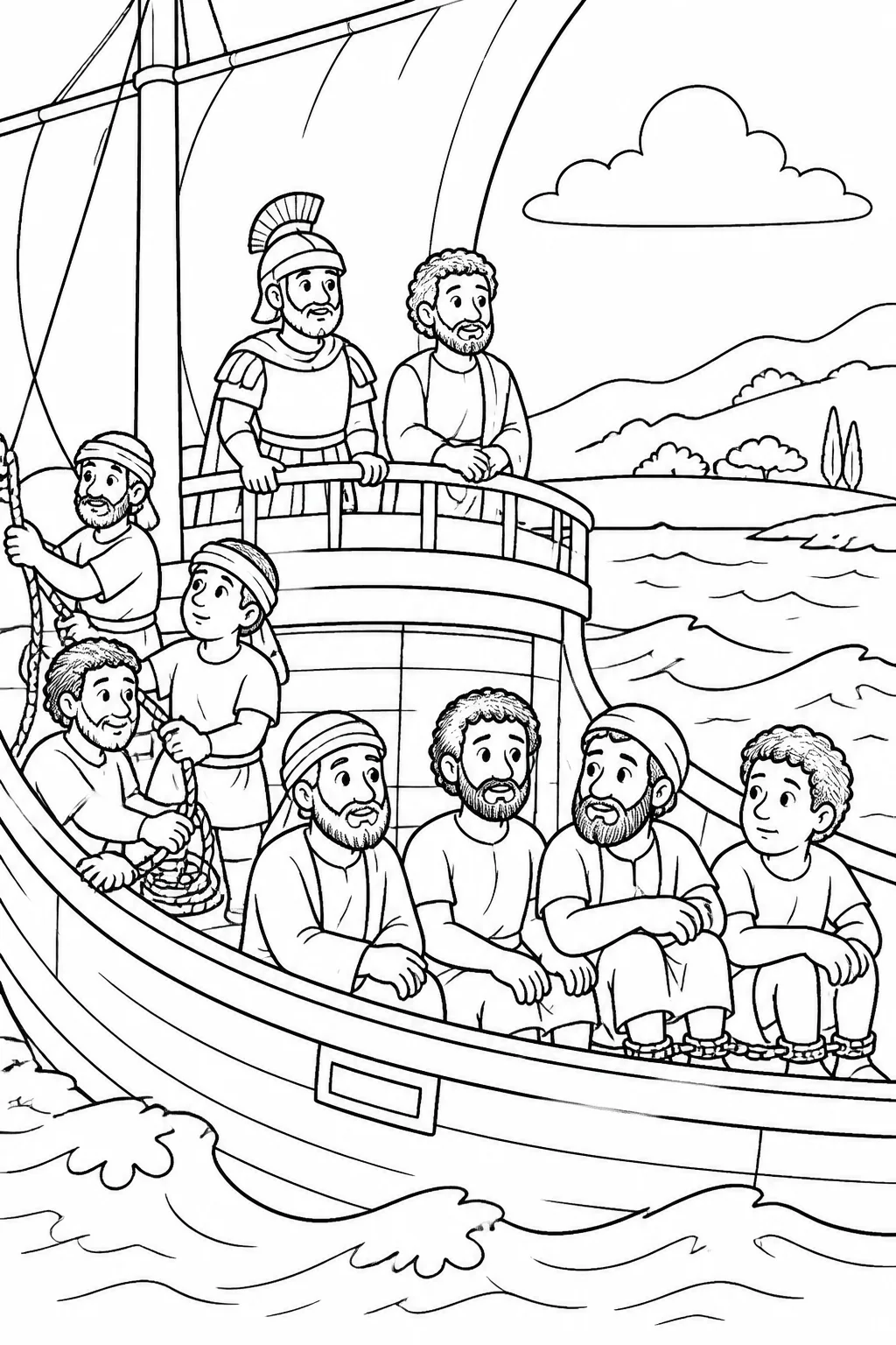 Paul travels toward Rome as a prisoner under Julius’s guard aboard a ship with other prisoners and crew, passing through difficult coastal waters toward Fair Havens.