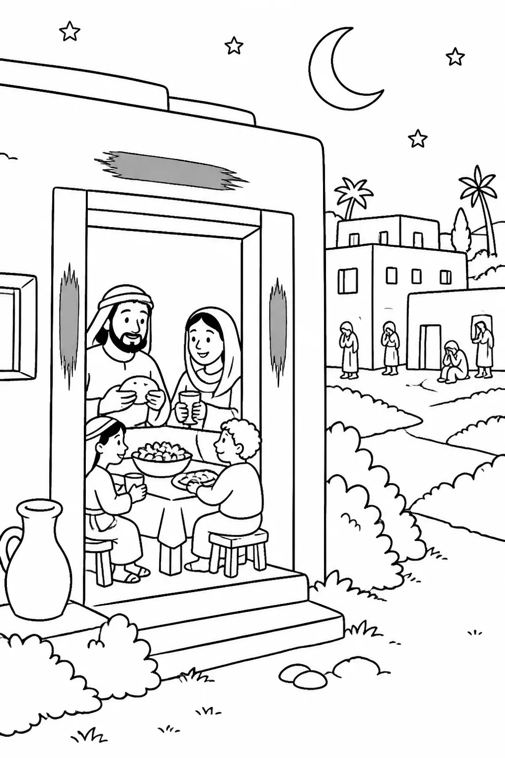 Nighttime Bible illustration concept showing marked Israelite doorways, Israelite families safely indoors, and Egyptian homes in the distance with subdued signs of grief.