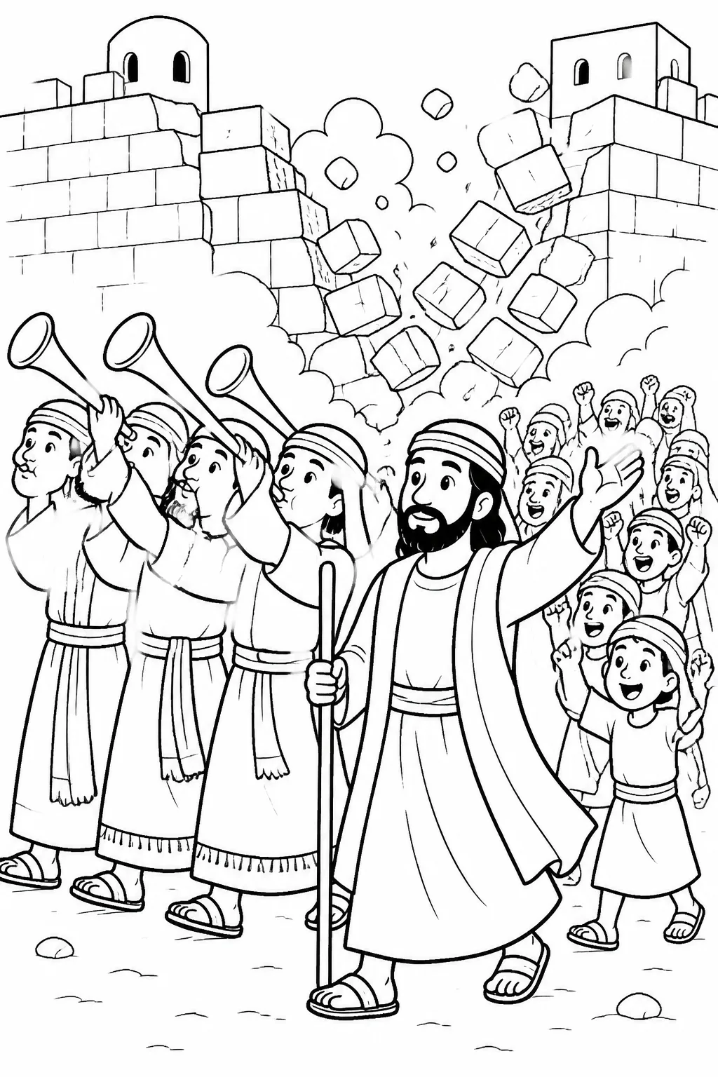 Joshua, the priests, and the people of Israel at Jericho’s wall during the seventh circuit, with trumpets sounding and the people shouting as the wall falls.