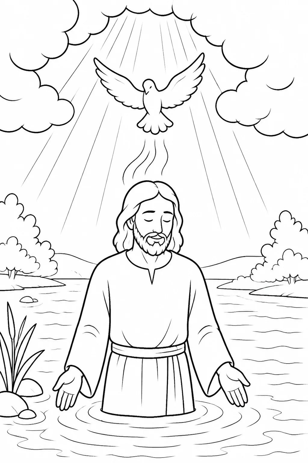 Jesus stands at the Jordan beneath the opened heavens as the Spirit of God descends like a dove and comes to rest on him.