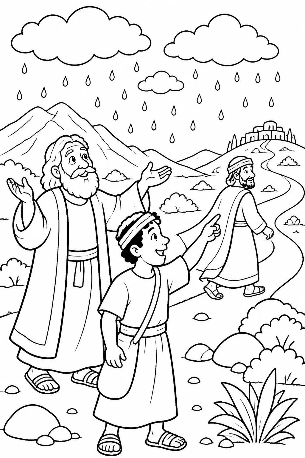 Elijah and his servant near Mount Carmel as a small cloud appears and rain returns, while Ahab travels toward Jezreel.