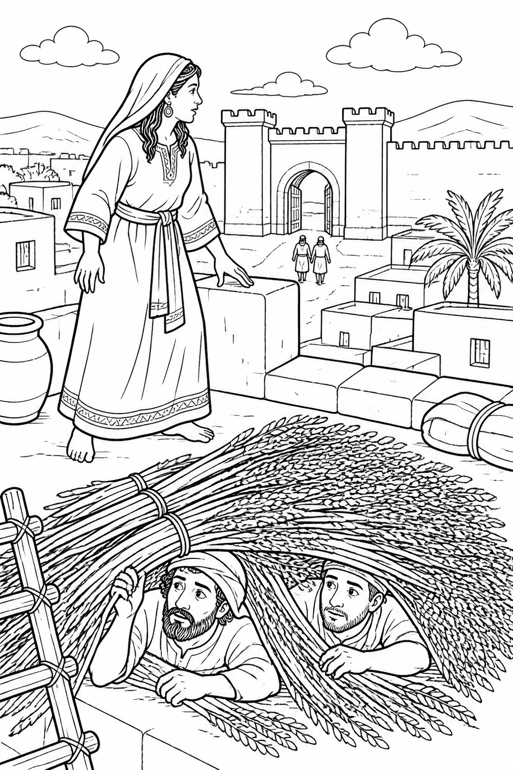 Rahab on her roof near bundles of flax while two unnamed Israelite spies hide beneath them, with Jericho’s city gate in the distance.
