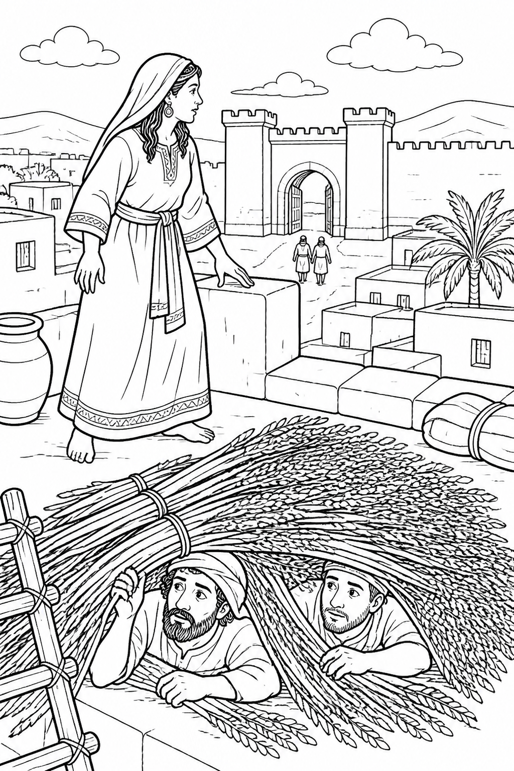 Rahab Hides the Spies Under the Flax from Rahab Helps the Spies Bible coloring page
