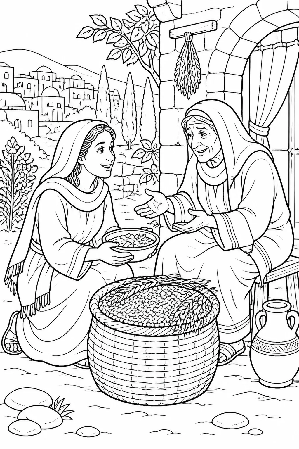 Ruth brings gathered barley and food saved from a meal to Naomi in Bethlehem after gleaning in Boaz’s field.