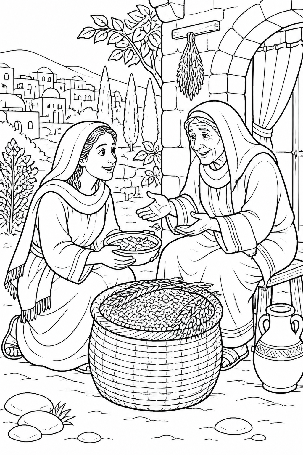 Ruth Returns with a Harvest from Ruth Gleans in Boaz’s Field Bible coloring page