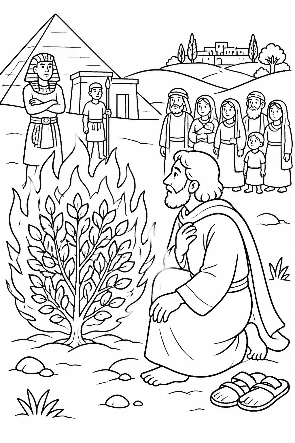 Moses listens near the burning bush as the LORD tells him that he has seen, heard, and knows the Israelites’ suffering in Egypt and sends him to Pharaoh.