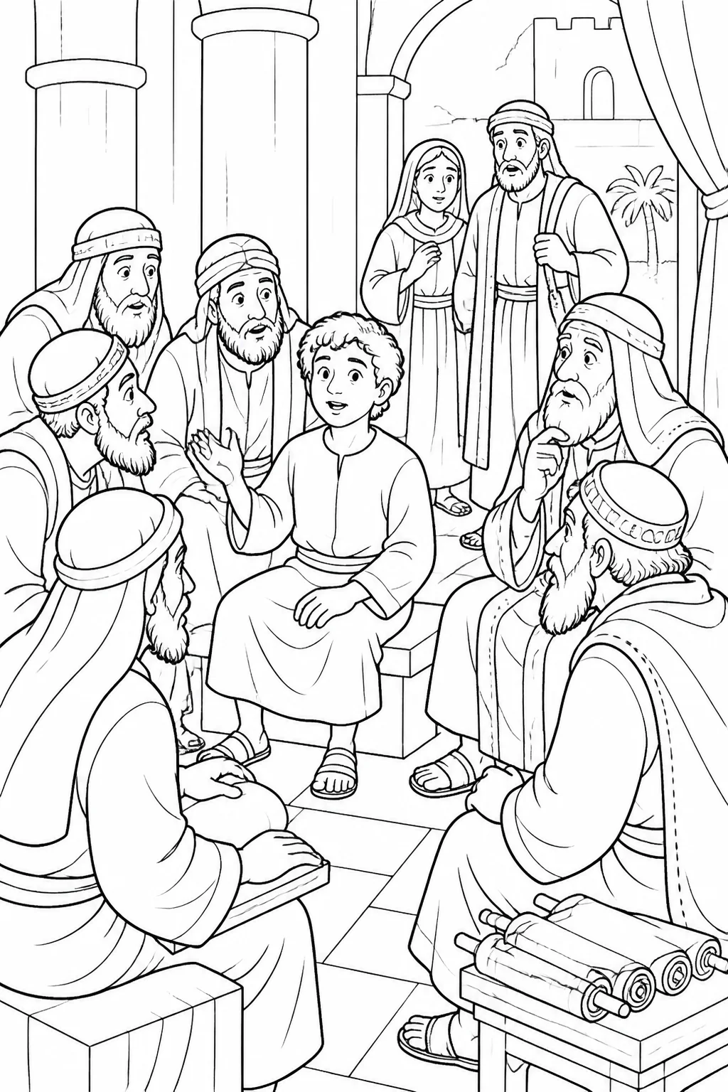 Twelve-year-old Jesus sits among temple teachers, listening and asking questions, while Mary and Joseph arrive nearby.