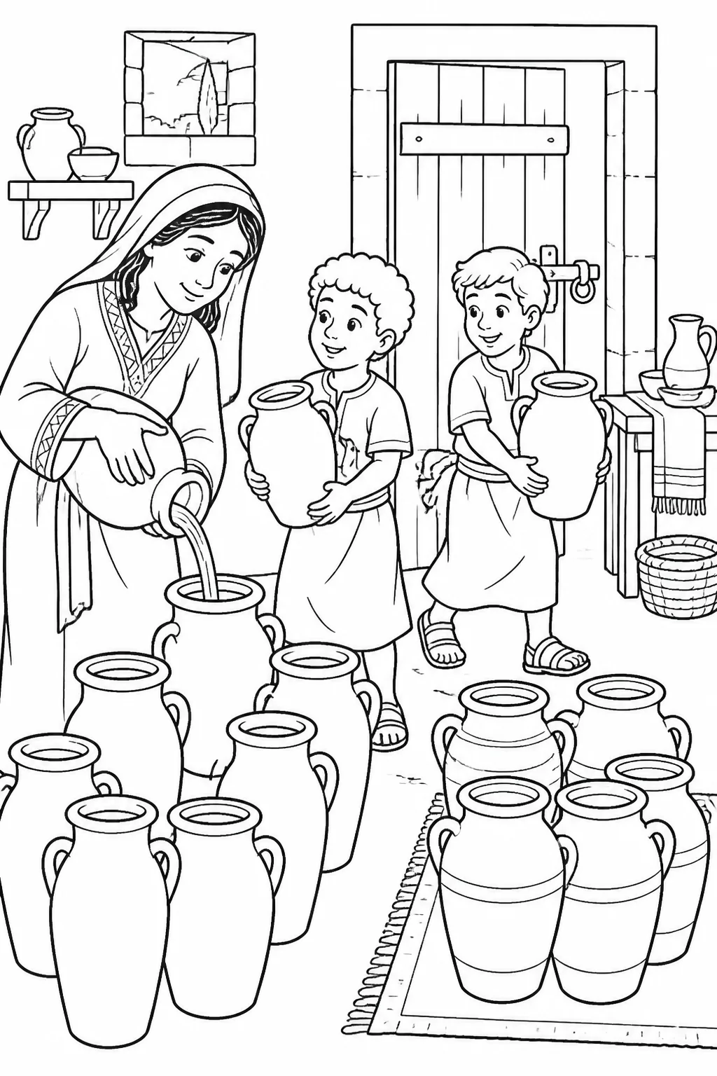 An unnamed widow pours oil from a jar into containers inside her closed household while her two sons bring empty containers and set filled ones aside.