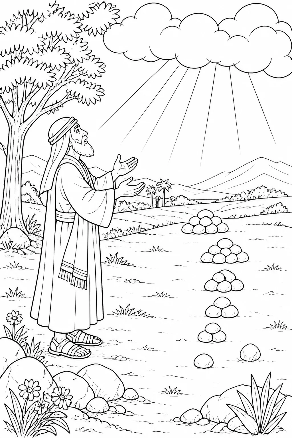 Abraham stands in an open place before the LORD and asks whether the righteous should be swept away with the wicked, with optional markers for the decreasing numbers he names.