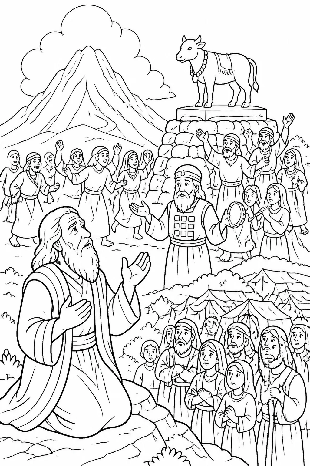 Moses seeks forgiveness from the LORD for the Israelites after their worship of the golden calf, near Mount Sinai.