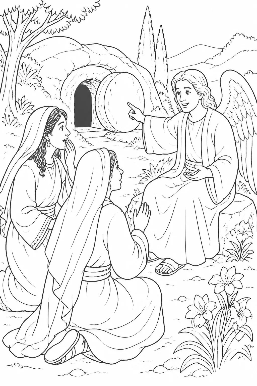 Mary Magdalene and the other Mary at Jesus’ open tomb as an angel announces that Jesus has risen and tells them to inform the disciples to go to Galilee.