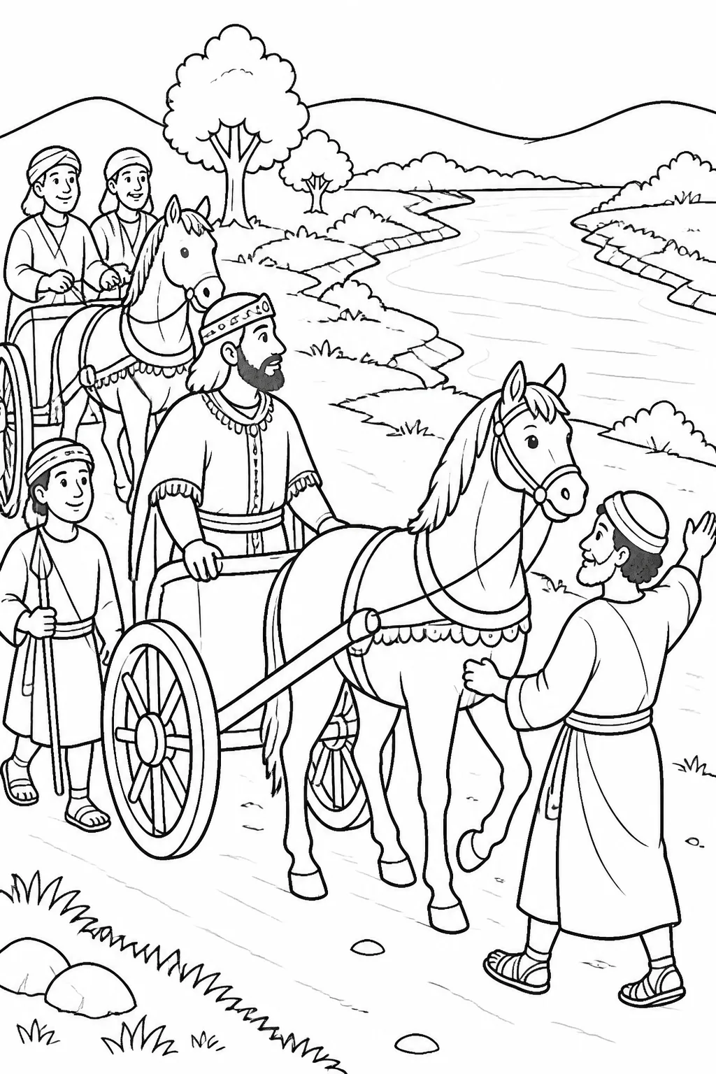 Naaman and his attendants travel with horses and chariots toward the Jordan River after receiving Elisha’s instruction through a messenger.