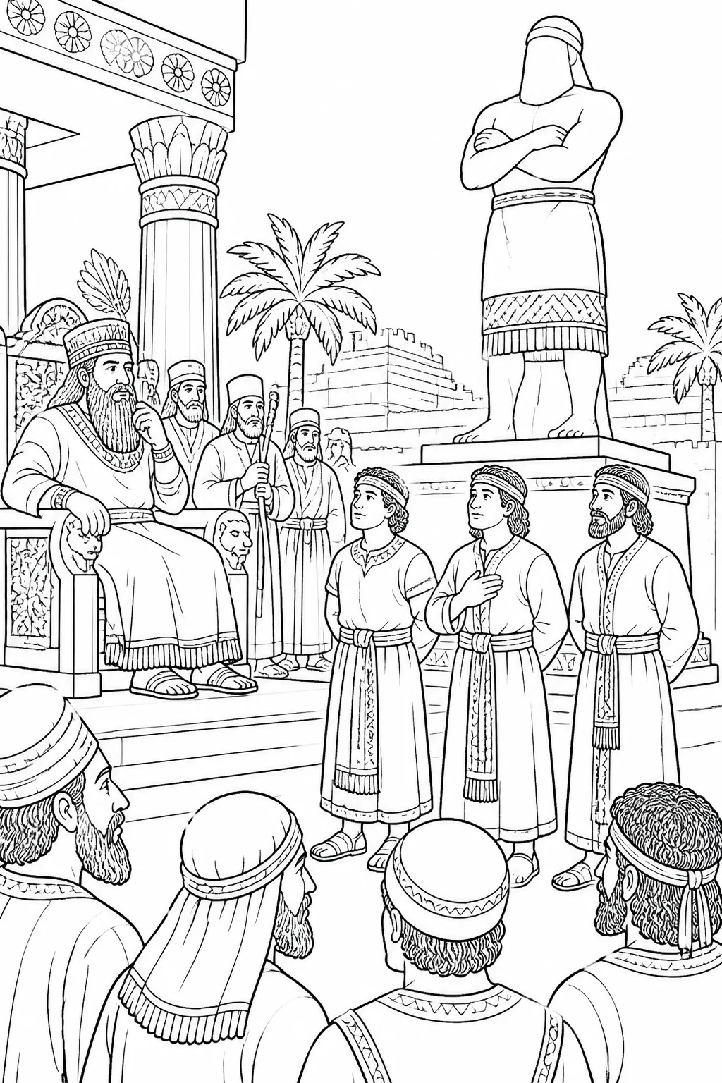 Shadrach, Meshach, and Abednego standing together before Nebuchadnezzar, a large gold statue, and a royal gathering in Daniel 3.