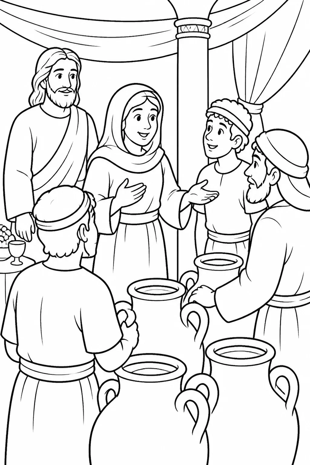 Jesus’ mother speaking with several servants at a wedding in Cana while Jesus is nearby, based on John 2:4.