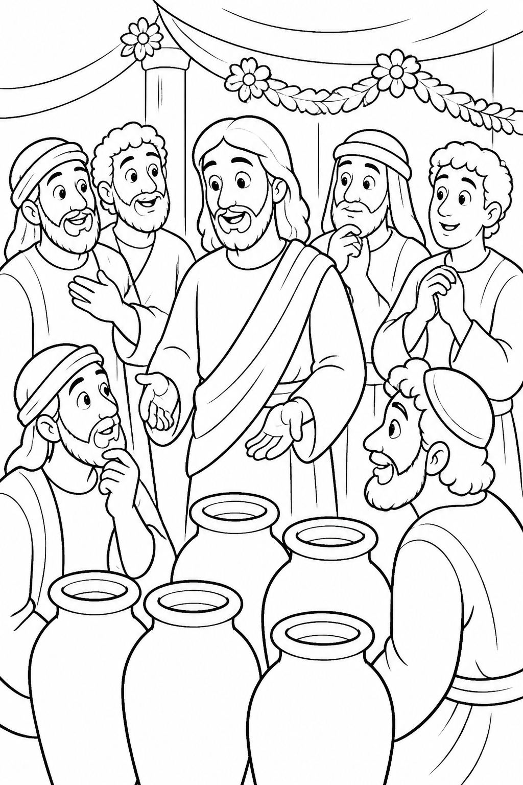 The Disciples’ Growing Trust from Jesus Turns Water into Wine Bible coloring page