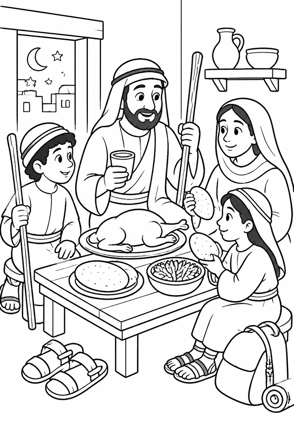 An Israelite household inside a home in Egypt shares roasted meat, unleavened bread, and bitter herbs while dressed with sandals and staffs, ready for the Passover.