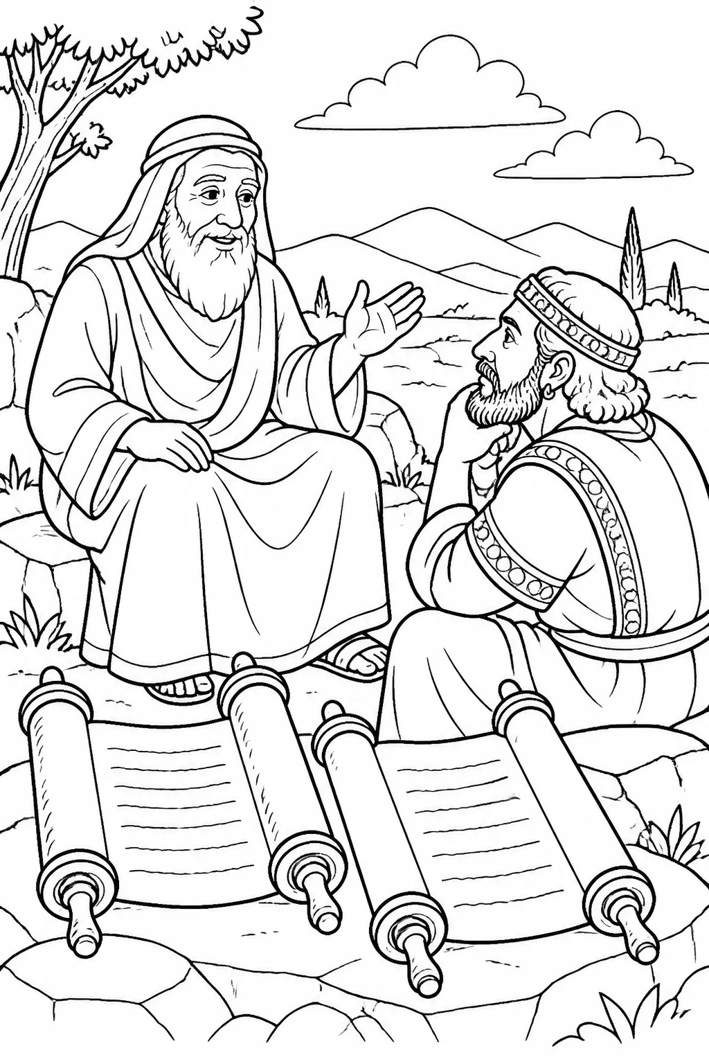 Abraham speaks with the unnamed rich man while scrolls representing Moses and the Prophets are shown in the foreground.