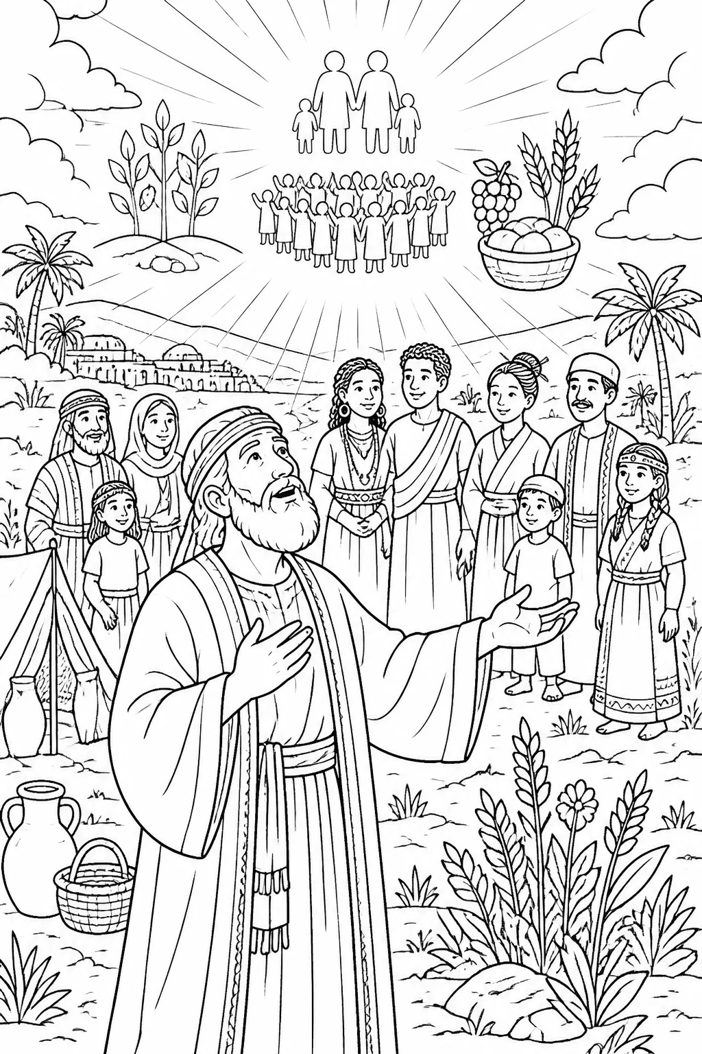 Abram looks upward while gentle light, families of people, flourishing plants, and a growing community represent God’s promises to bless him and all families of the earth.