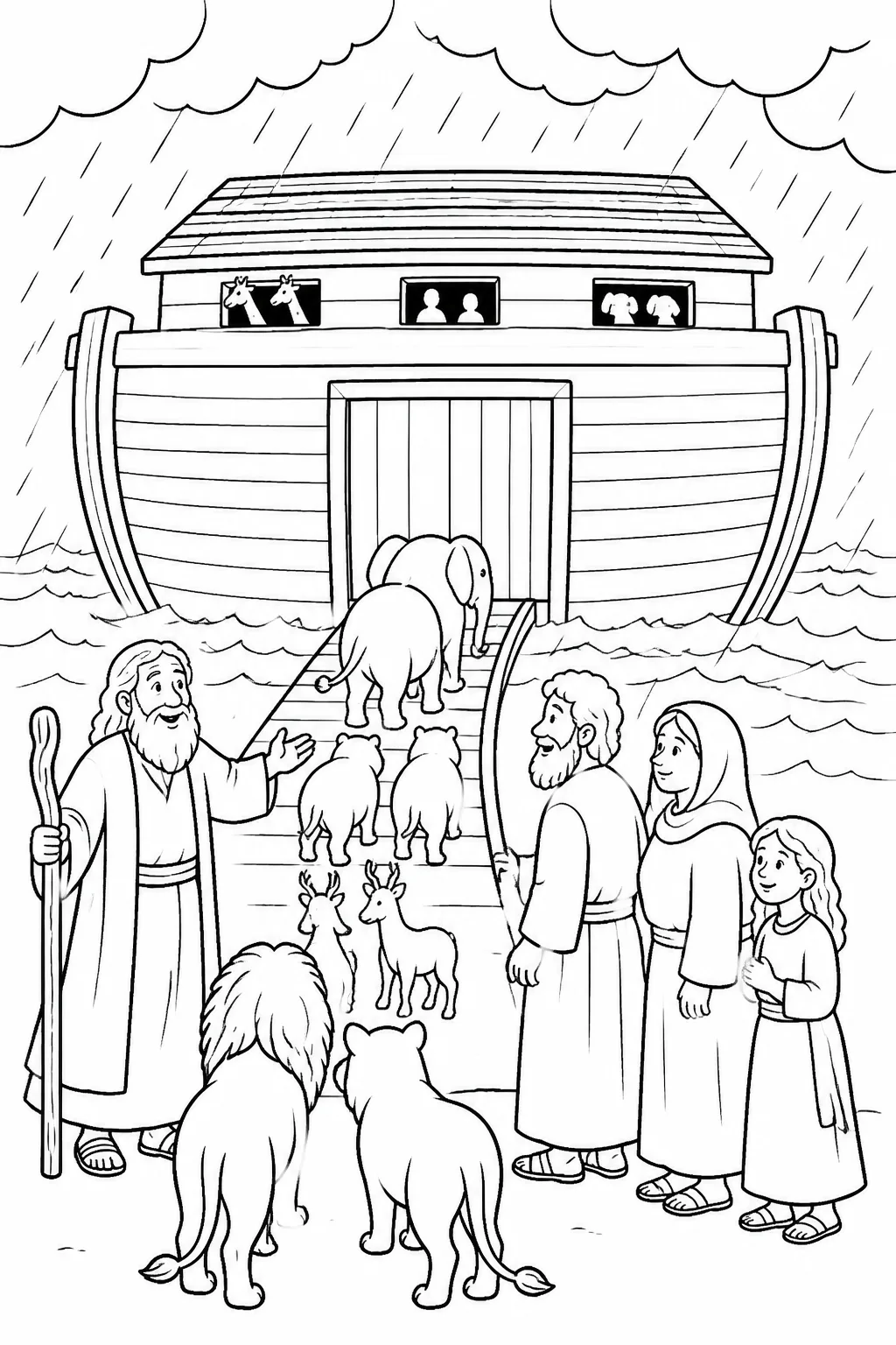 Ark Door Closed as Rain Begins from Noah’s Ark Bible coloring page