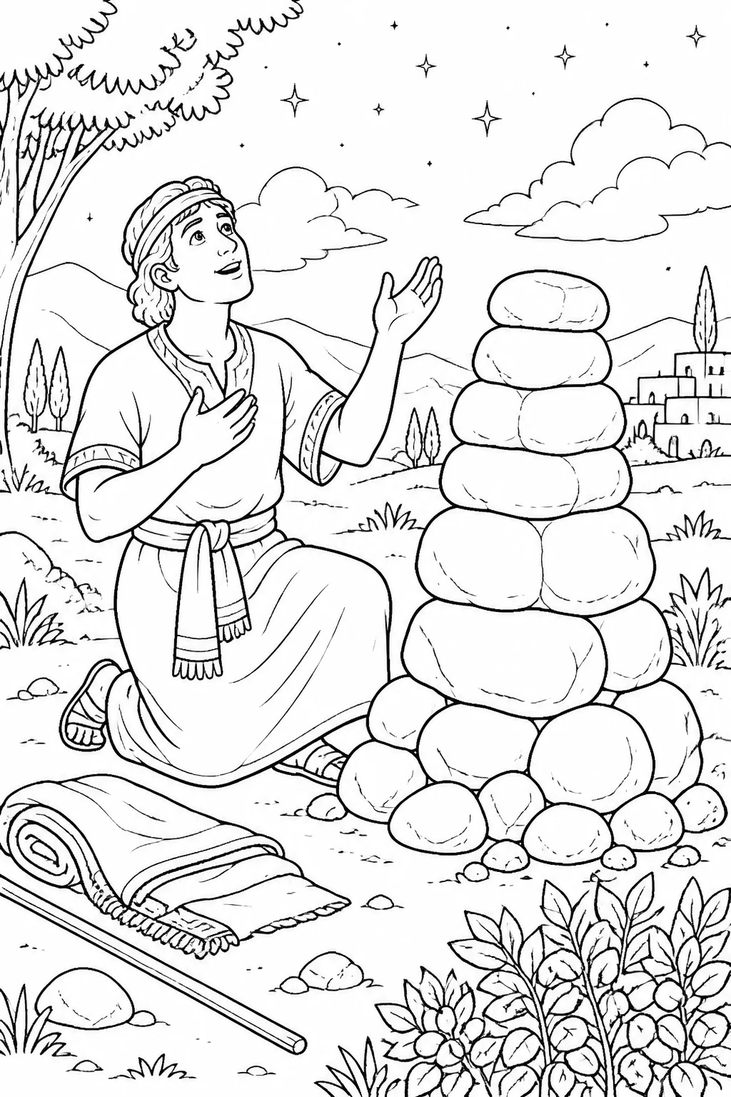 Jacob beside the stone pillar at Bethel as he makes a conditional vow about God’s presence, protection, provision, and safe return.