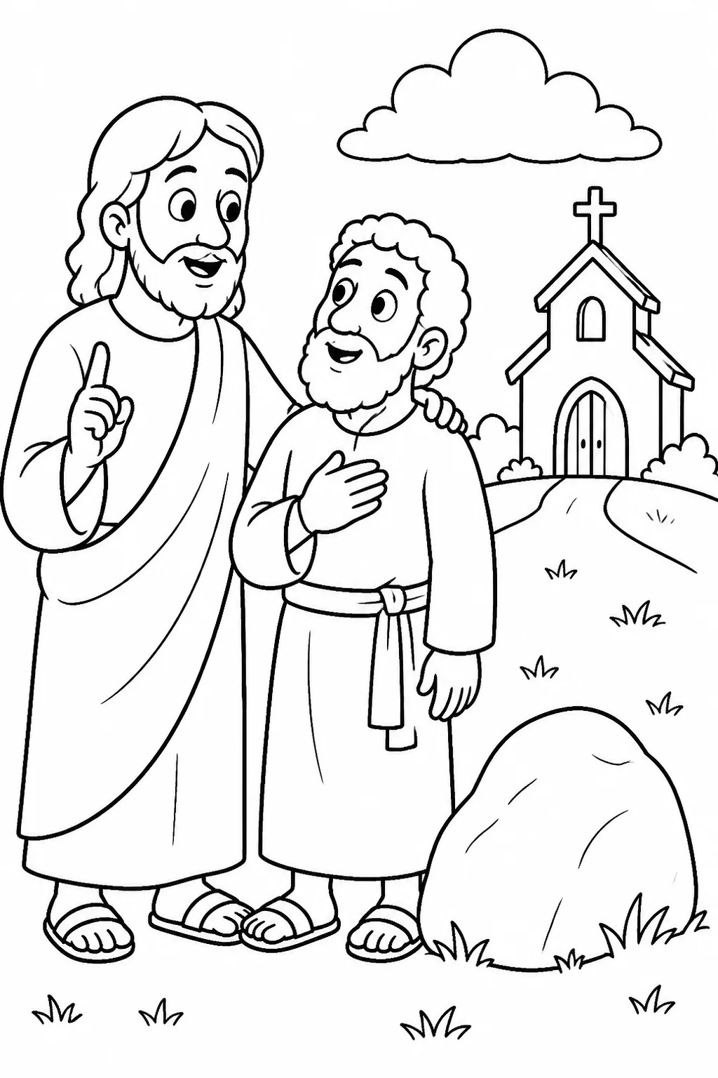Jesus and Peter together in a teaching scene, with a rock and a modest symbolic suggestion of a church structure, representing Matthew 16:18 without interpreting “this rock.”