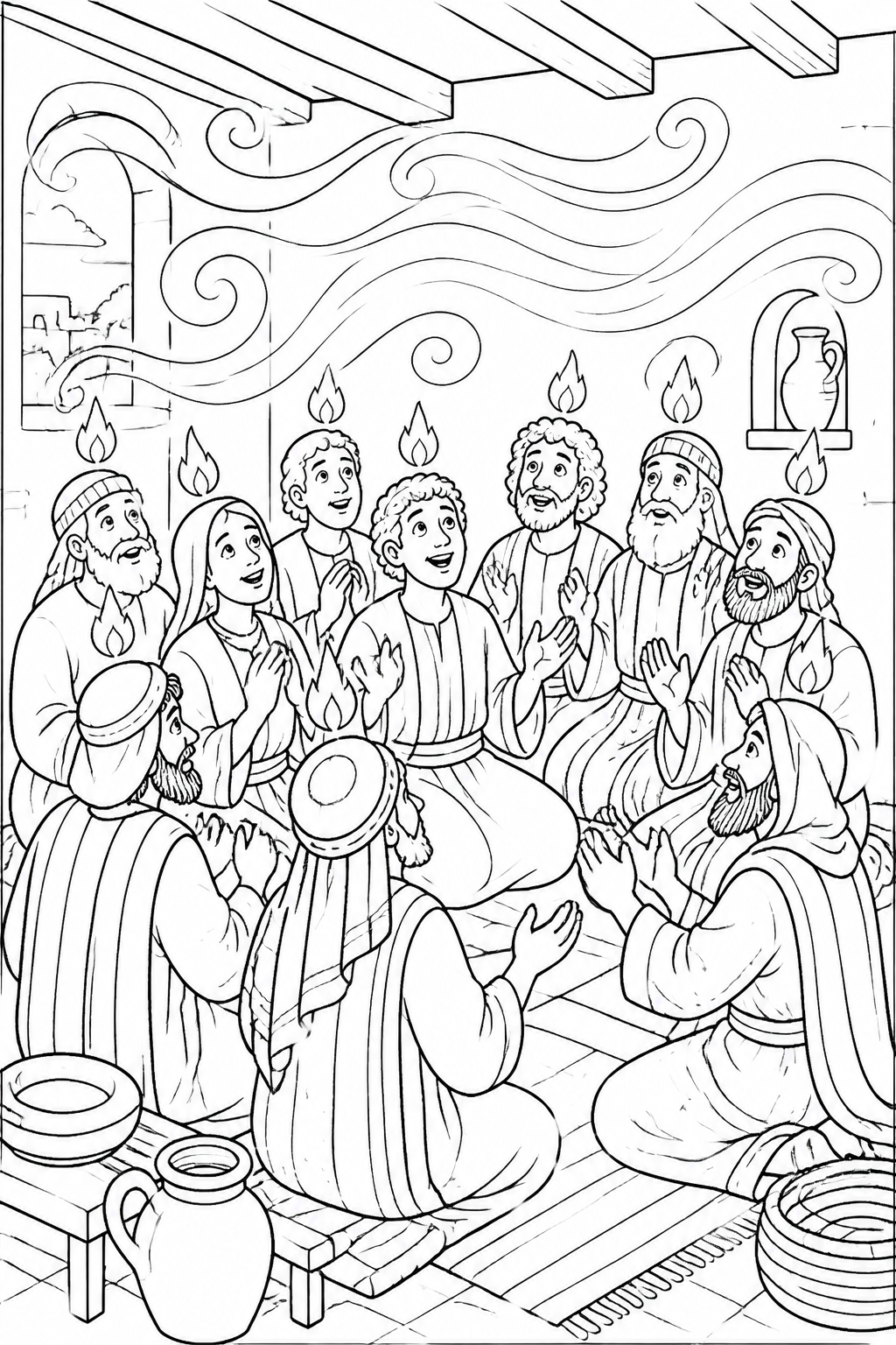Wind and Fire-Like Signs from The Holy Spirit Comes at Pentecost Bible coloring page