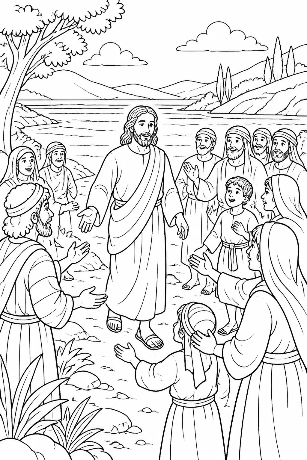 Jesus steps toward a lakeshore as a large crowd gathers around him, illustrating Mark 5:21.