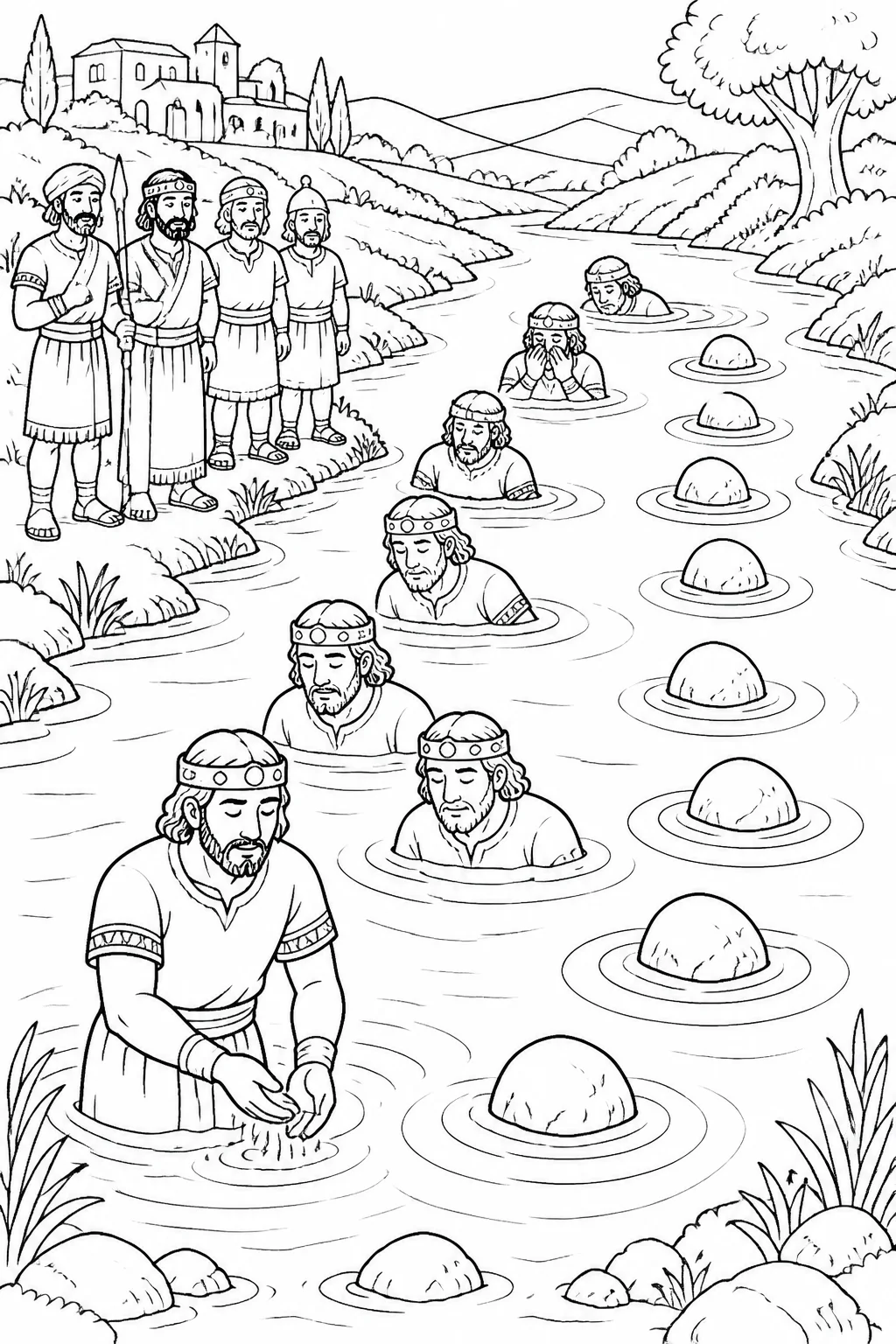 Naaman washing seven times in the Jordan River, represented by seven stones, ripples, or numbered markers.