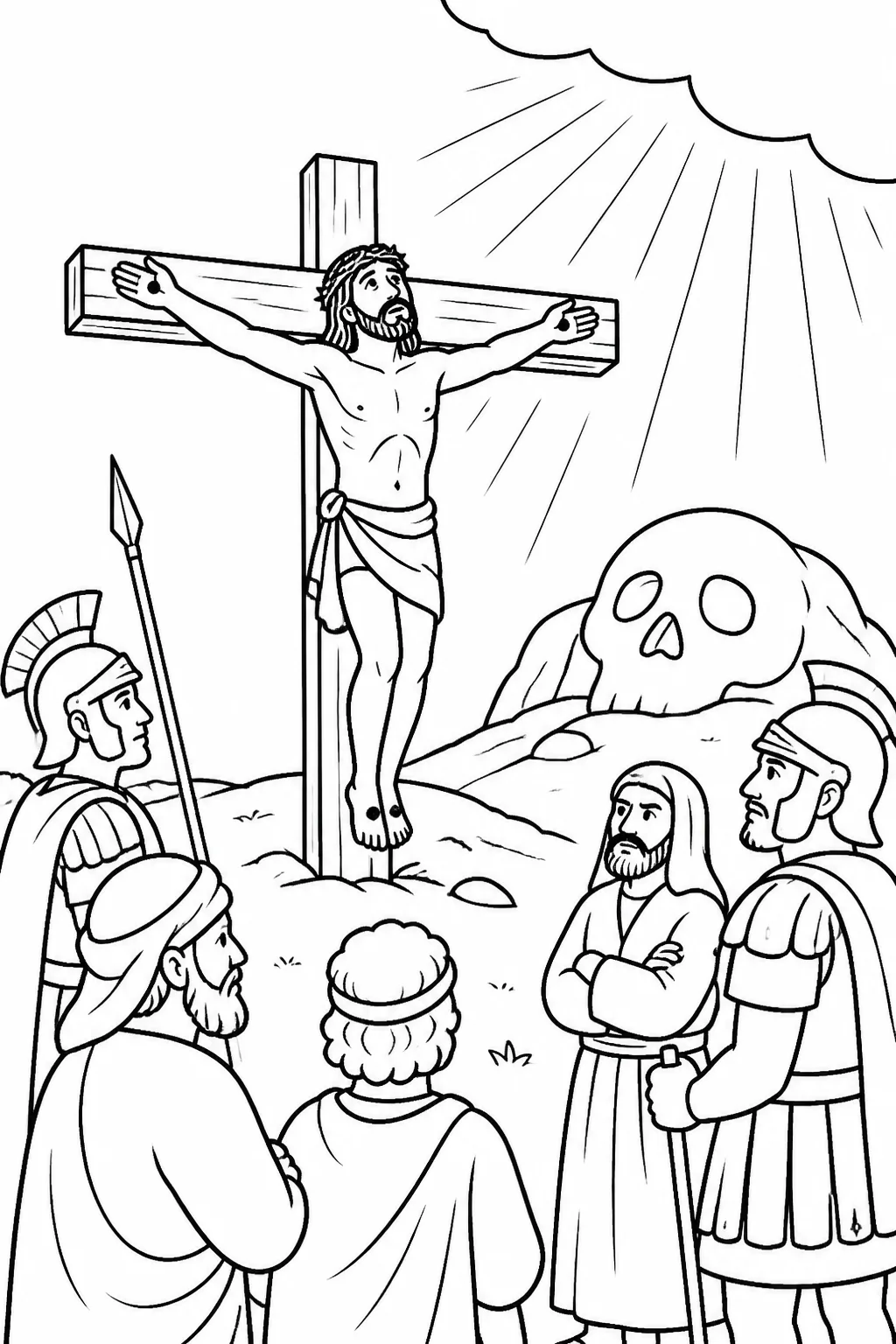 A reverent symbolic scene of Jesus praying near the cross at The Skull while those responsible for the crucifixion are present.