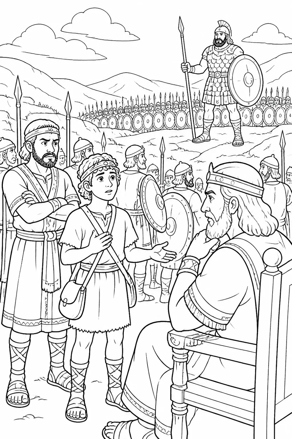 David listens near the Israelite battle line as Goliath challenges Israel, with Eliab and Israelite soldiers nearby.