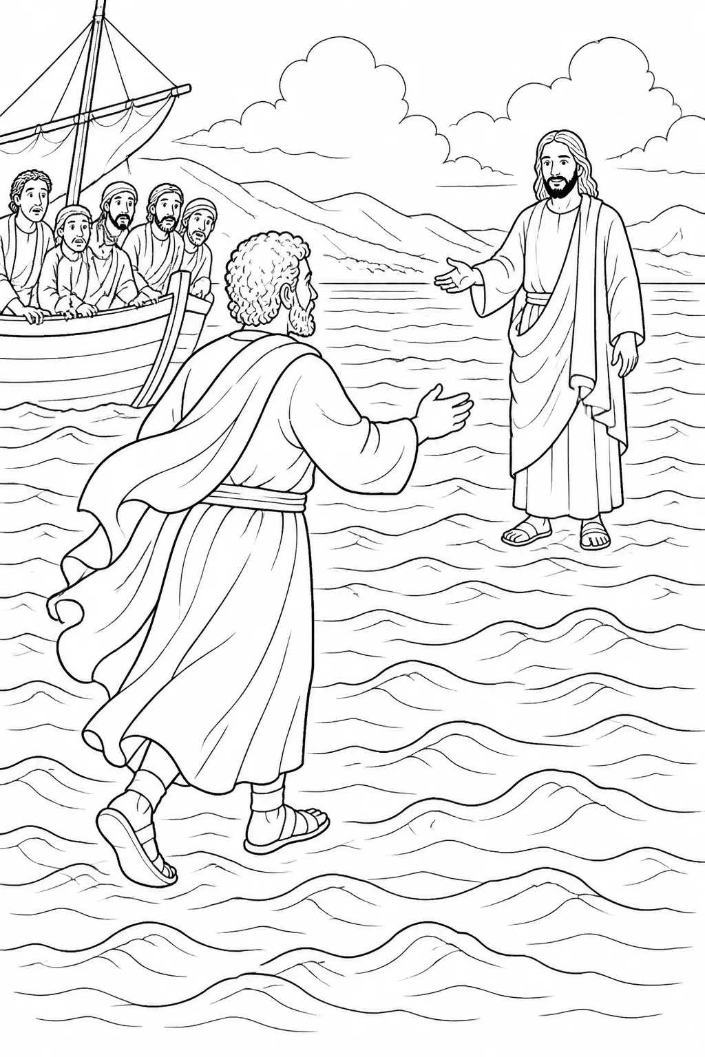 Peter steps from a boat and walks toward Jesus on the sea after Jesus commands him to come, while several disciples remain in the boat.