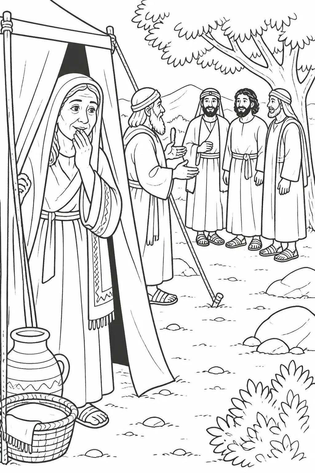 Sarah listens at the entrance of her tent as she considers the promise that she will have a son, with Abraham and three visitors connected to the scene.