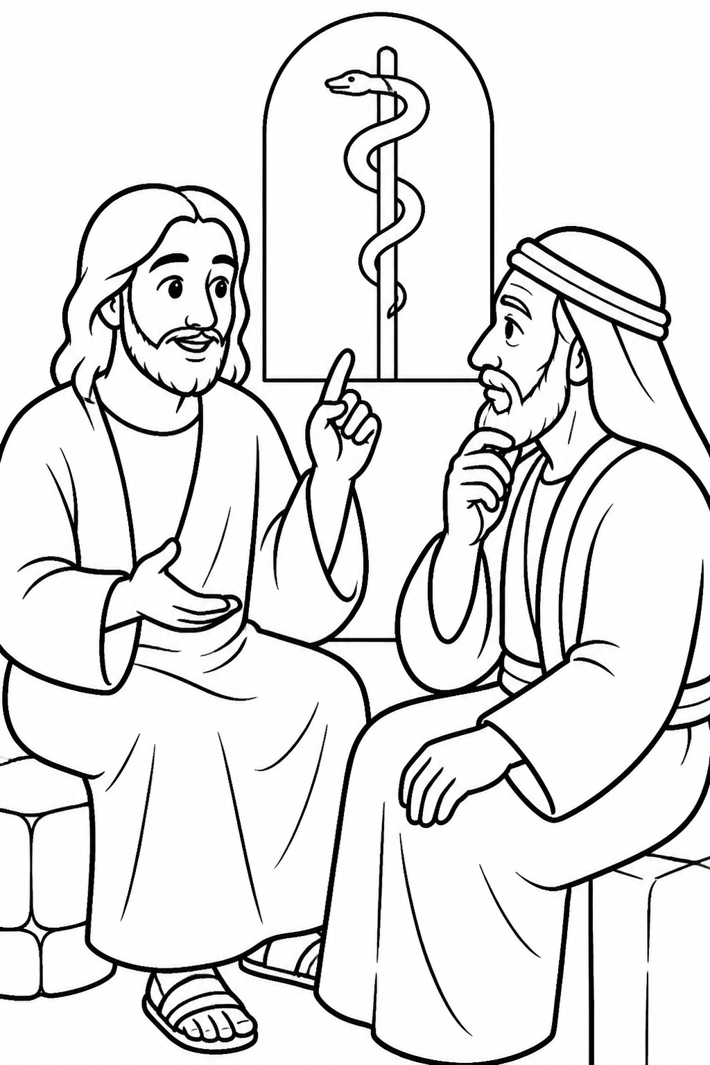 Jesus Gives a Wilderness Comparison from Jesus Teaches Nicodemus Bible coloring page