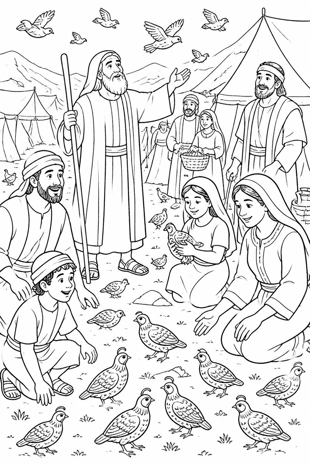 Quail Around the Camp from Manna in the Wilderness Bible coloring page