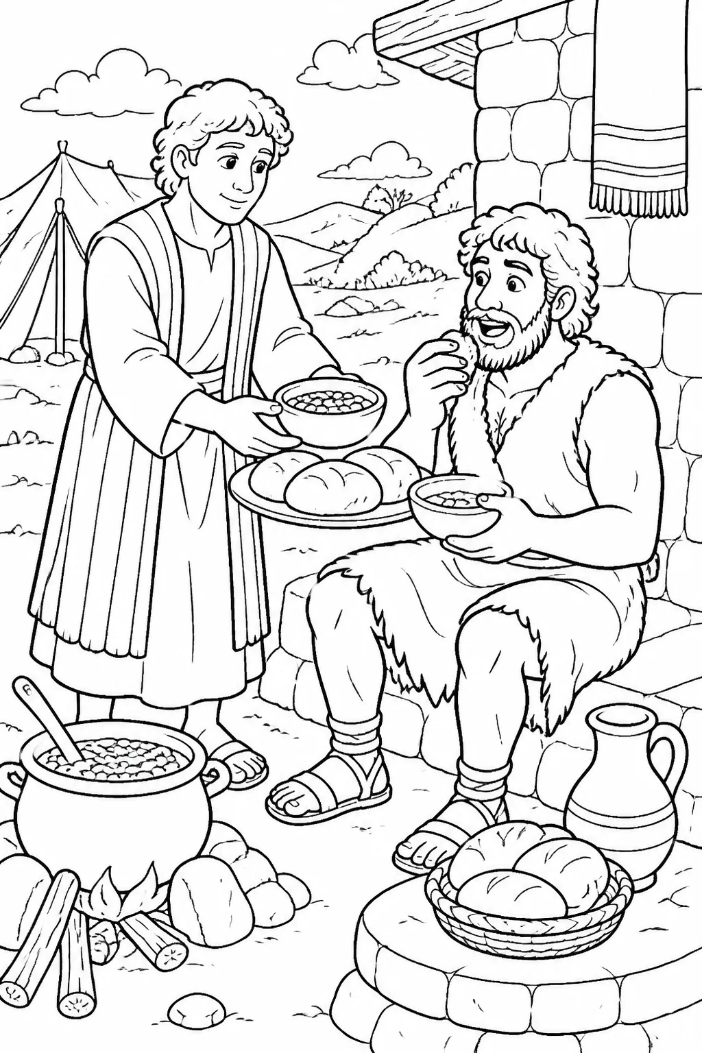 Jacob gives Esau bread and a bowl of lentil stew beside a cooking area after Esau sells his birthright.