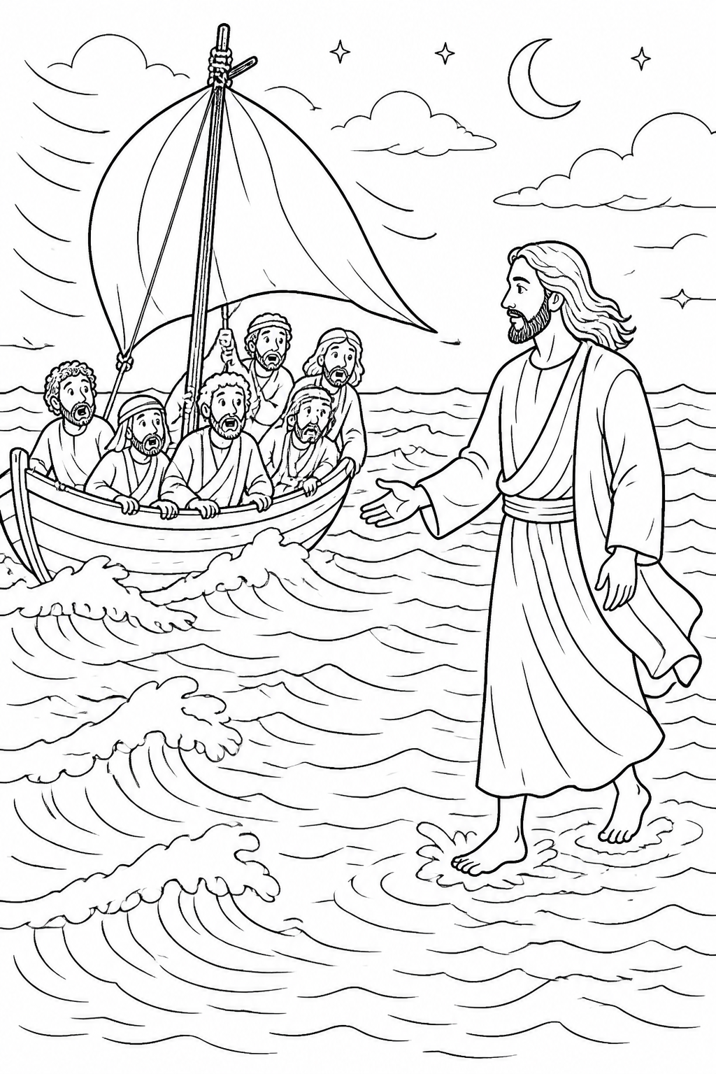 Jesus Comes Across the Sea from Jesus Walks on Water Bible coloring page