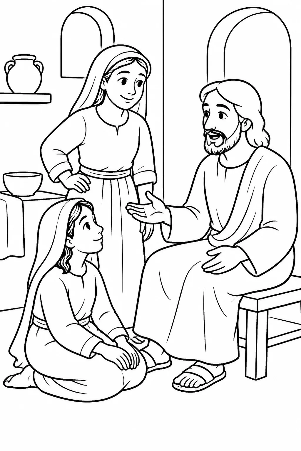 Jesus speaks in Martha’s home while Mary sits at his feet listening and Martha stands nearby after serving.