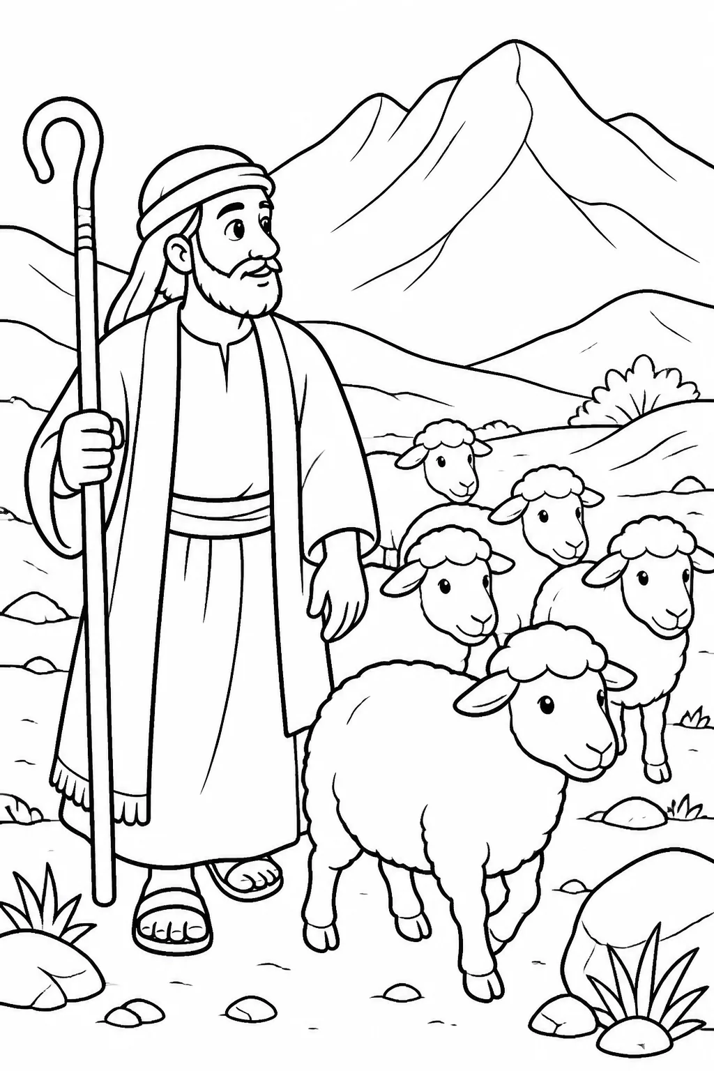 Moses tending Jethro’s flock in the wilderness as he leads the animals toward Horeb, the mountain of God.