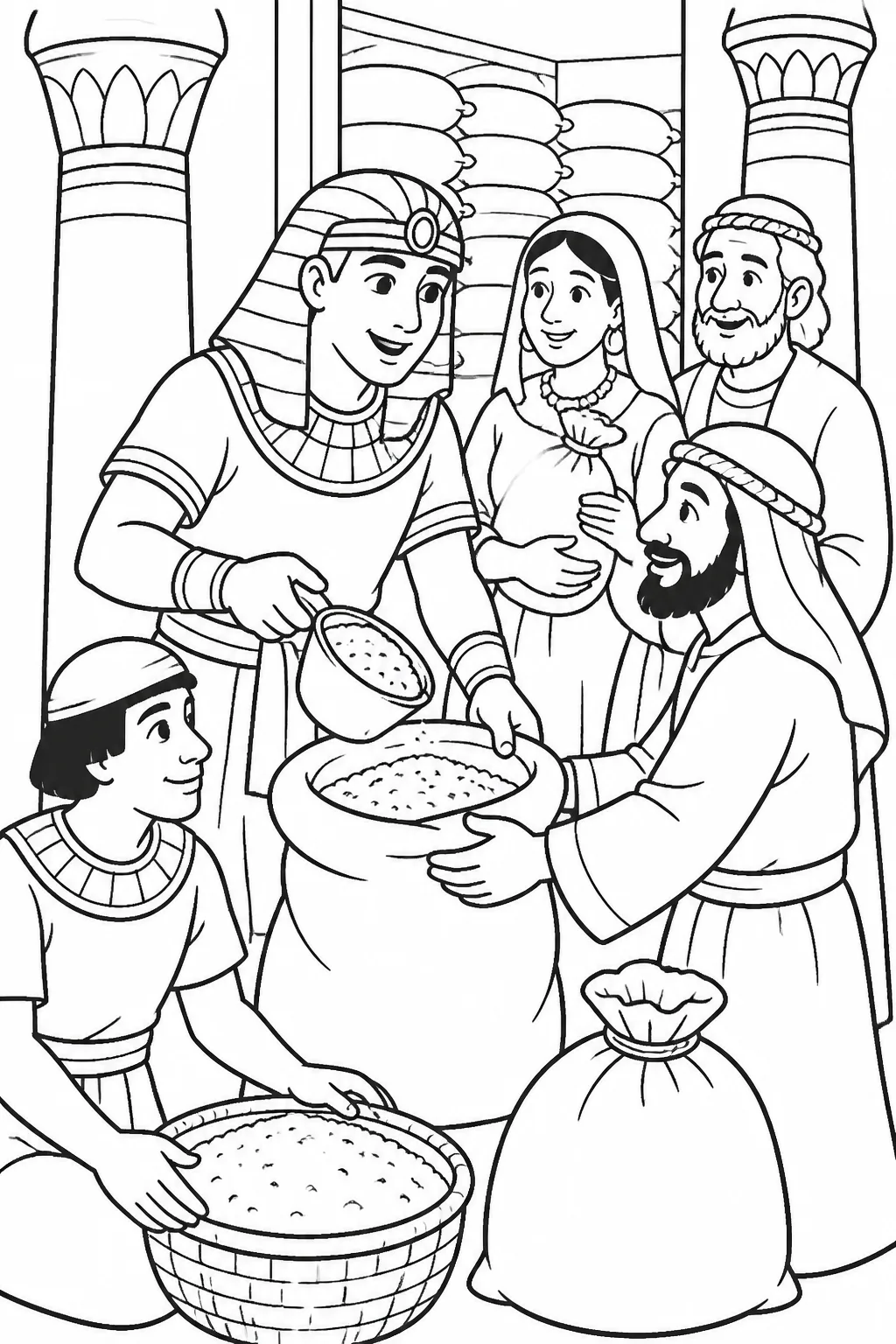 Joseph opens Egyptian grain storehouses as Egyptians and people from other lands come to buy measured grain during famine.