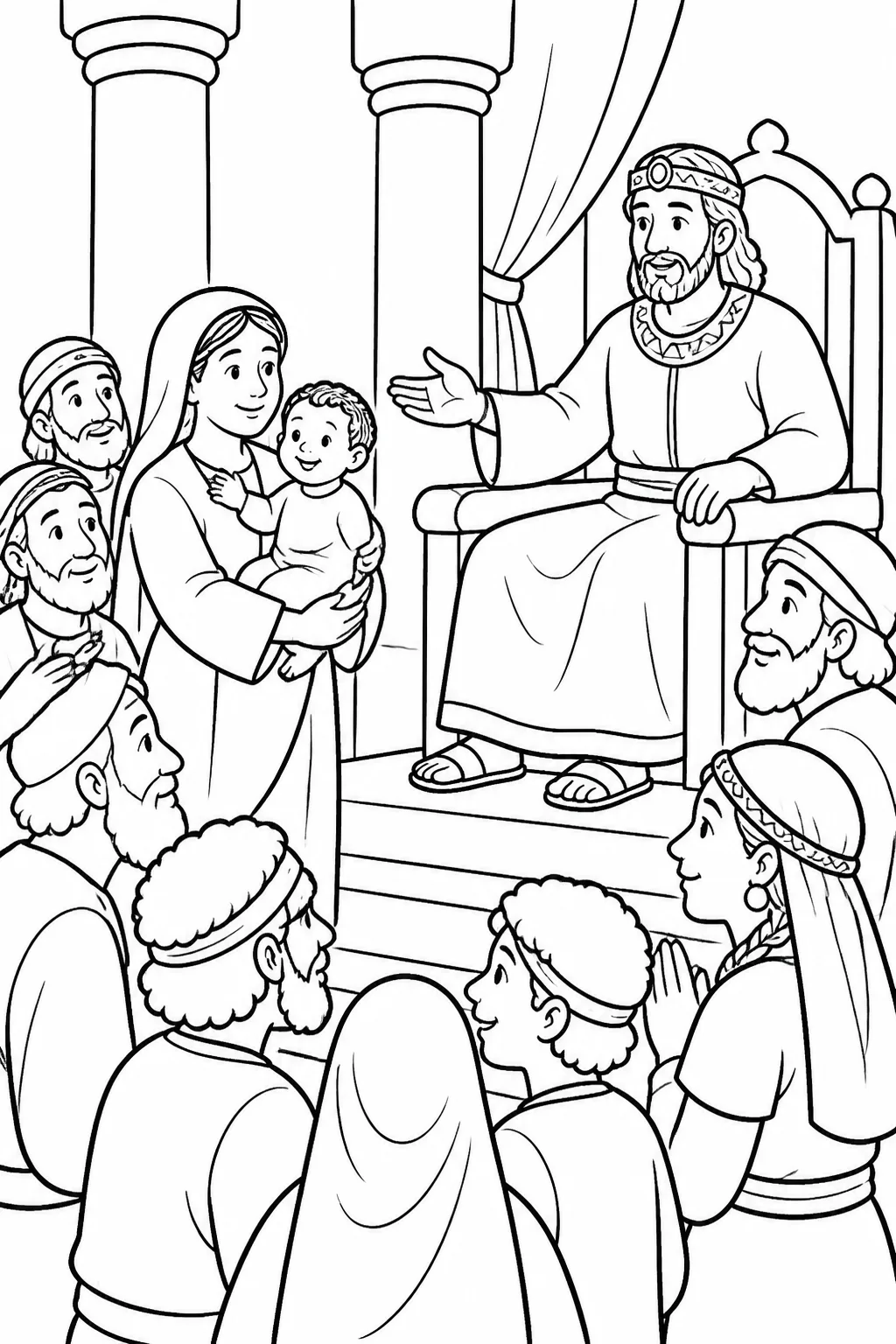 Solomon in his court with the living child safely beside the recognized mother while people of Israel listen and recognize his God-given wisdom.