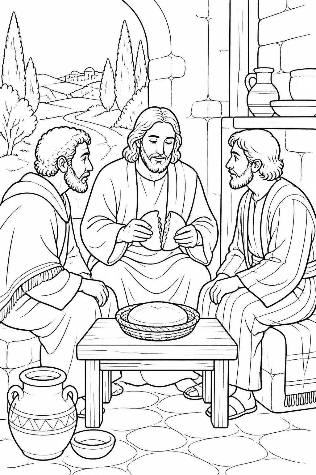 Jesus, Cleopas, and the unnamed second disciple near Emmaus as Jesus takes, blesses, breaks, and gives them bread.