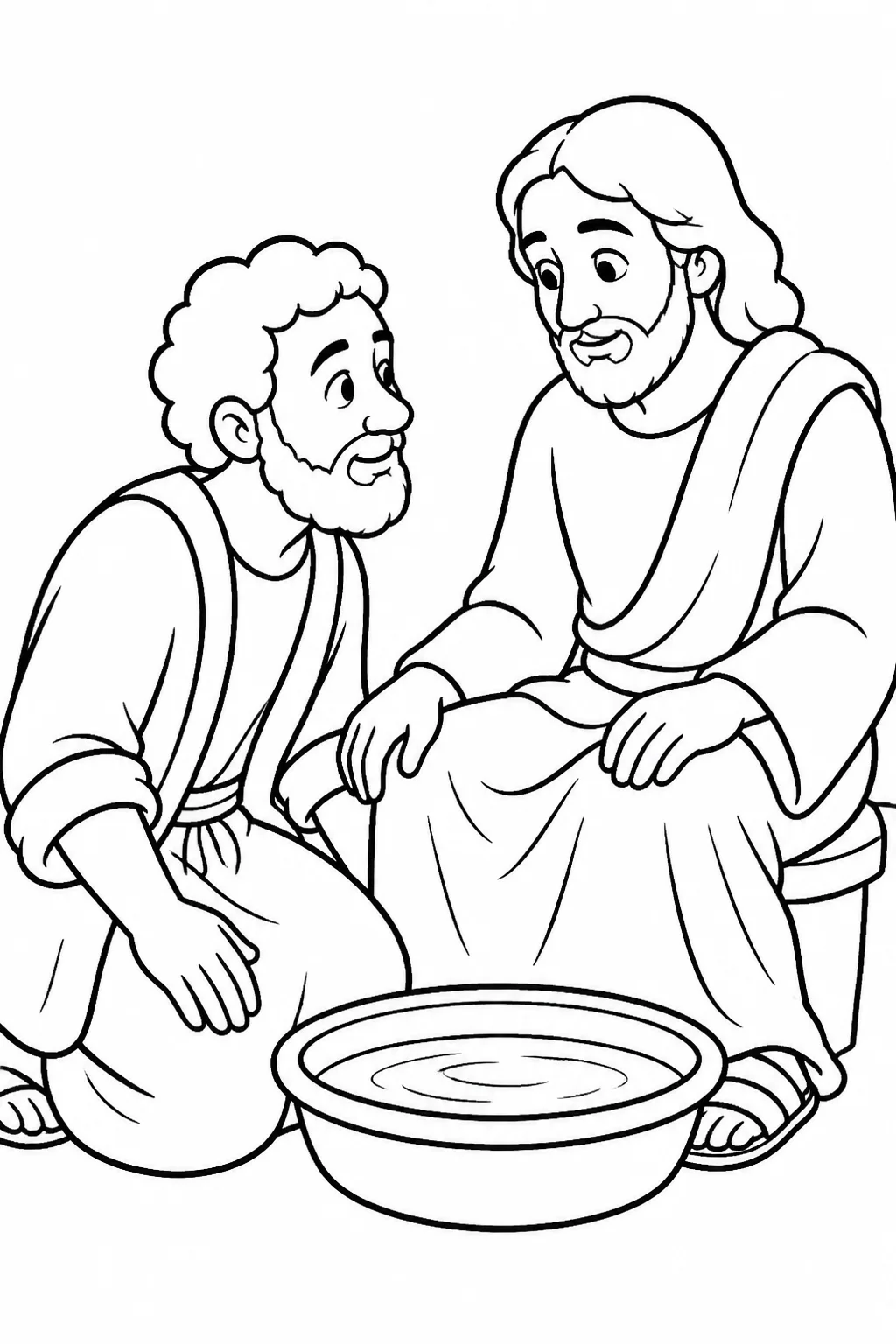 Jesus and Simon Peter beside a basin of water as Peter turns toward Jesus after initially refusing to be washed.