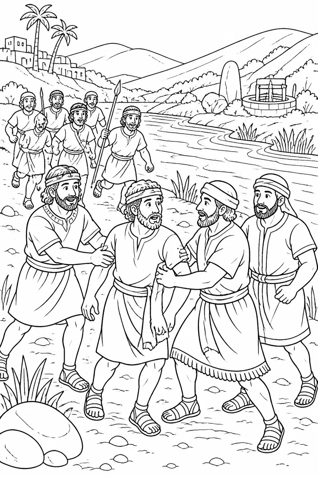 Ephraimite men pursuing Oreb and Zeeb near the waters by Beth-barah and the Jordan, with the rock of Oreb and winepress of Zeeb identified.