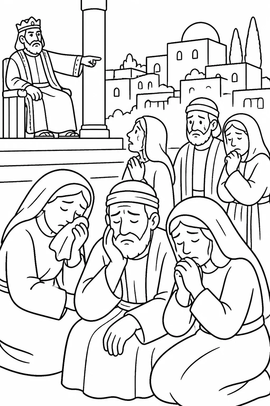 A symbolic, non-graphic depiction of Herod the Great issuing an order while parents and mourners grieve in Bethlehem.