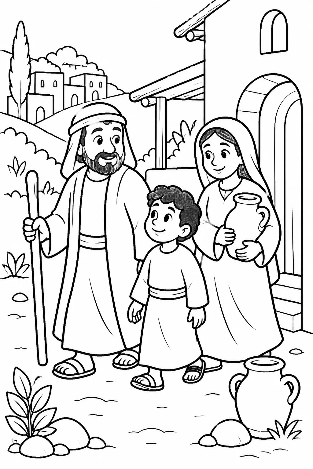 Joseph leads Mary and Jesus into Nazareth in Galilee as the family settles there after Joseph is warned in a dream.