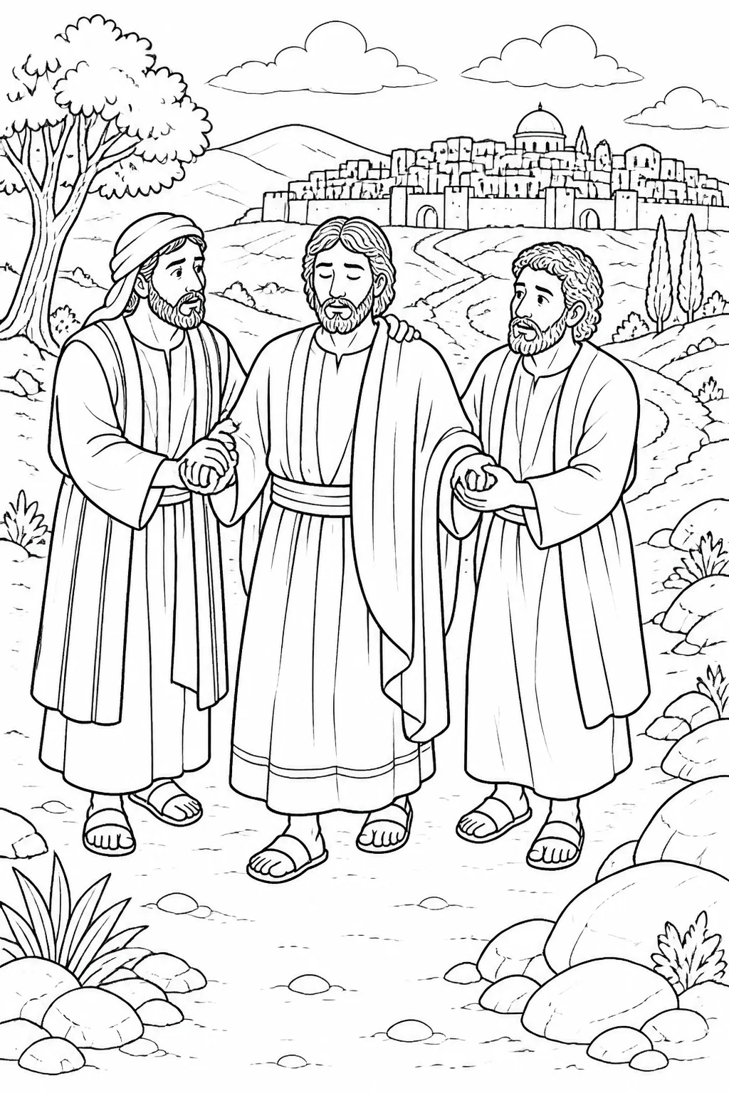 Saul with his eyes closed is led by unnamed companions along the road toward Damascus after he temporarily loses his sight.