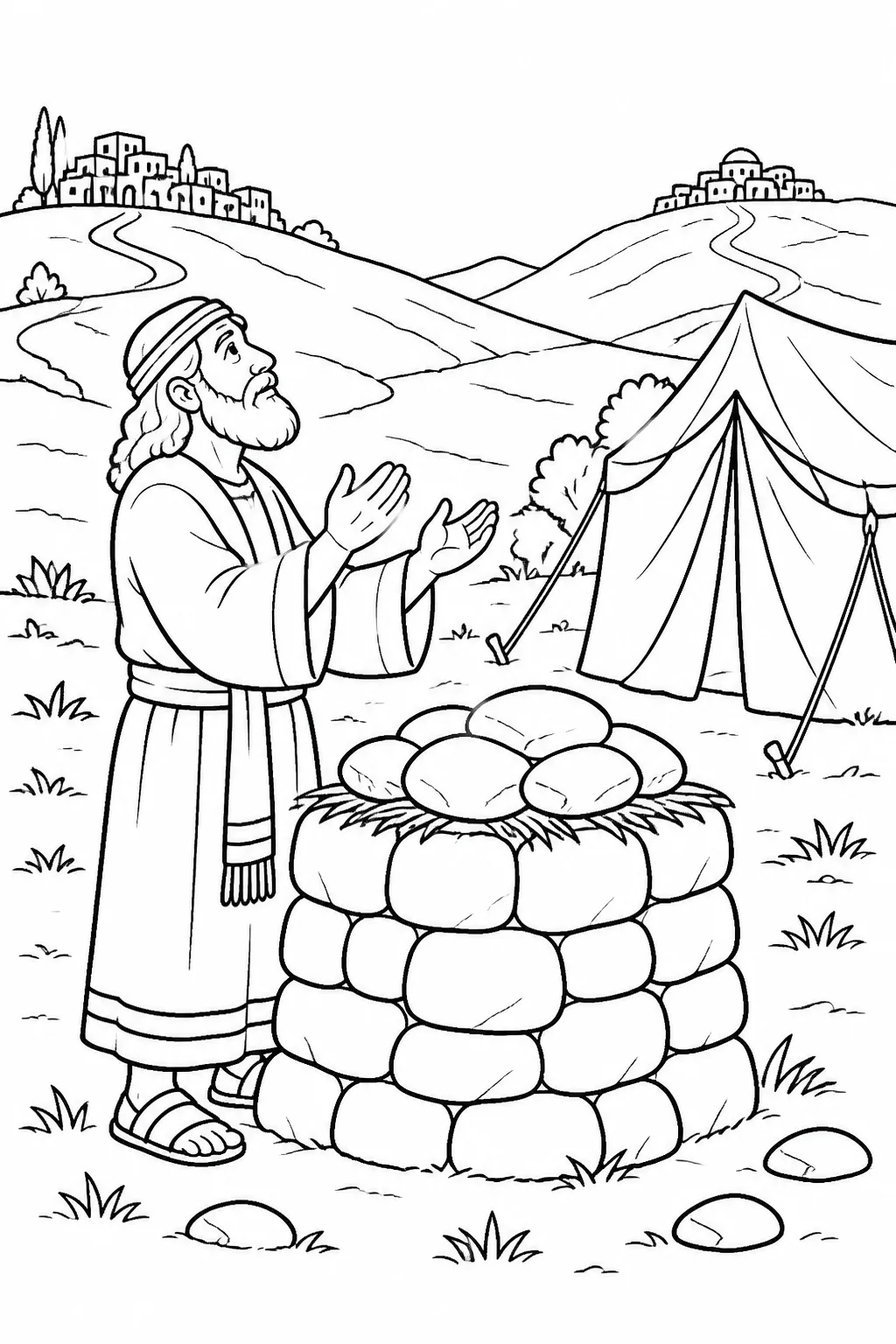 Abram beside an altar near his tent in the hill country east of Bethel, calling on the name of the LORD, with Bethel west and Ai east.