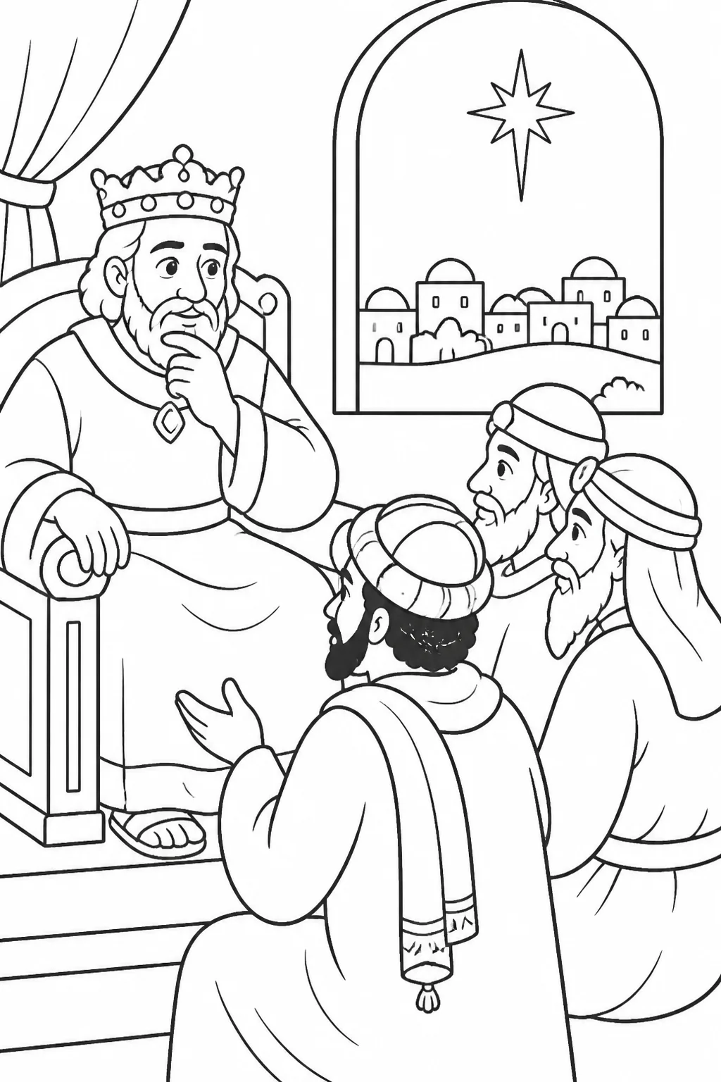 Herod the king secretly speaking with Magi from the east and sending them to Bethlehem to search for the child after learning when they saw the star.