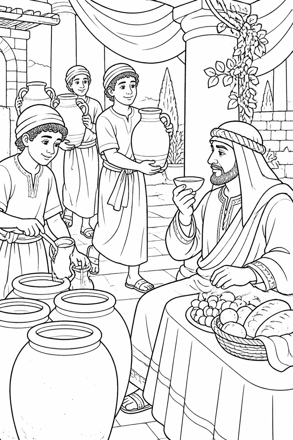 The Servants Carry the Sign from Jesus Turns Water into Wine Bible coloring page